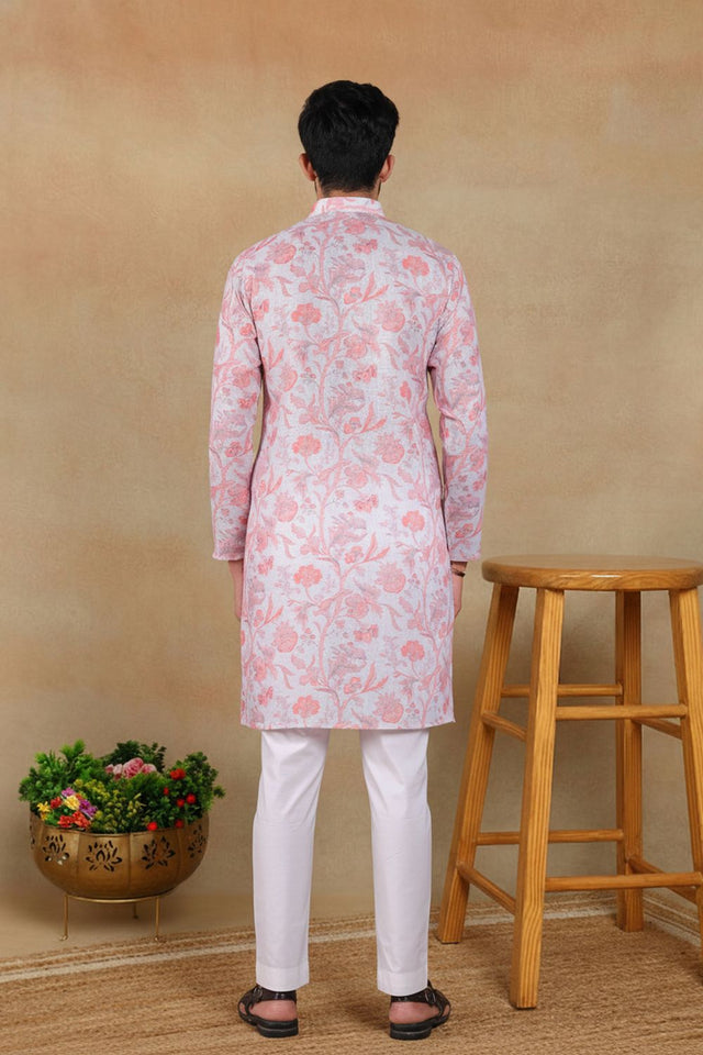 Mens Pink Digital Printed Linen Kurta Set (ACA9250)