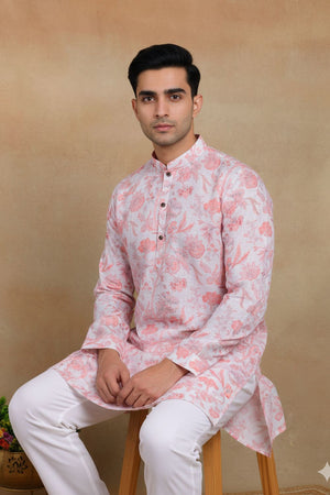 Mens Pink Digital Printed Linen Kurta Set (ACA9250)