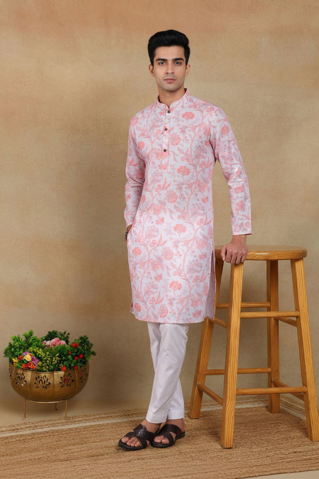 Mens Pink Digital Printed Linen Kurta Set (ACA9250)