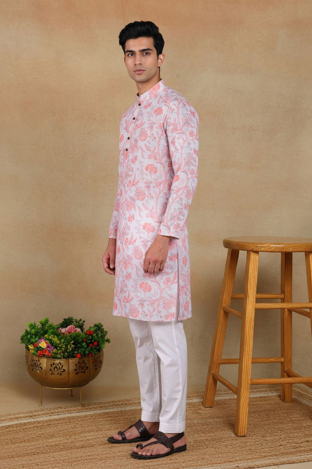 Mens Pink Digital Printed Linen Kurta Set (ACA9250)
