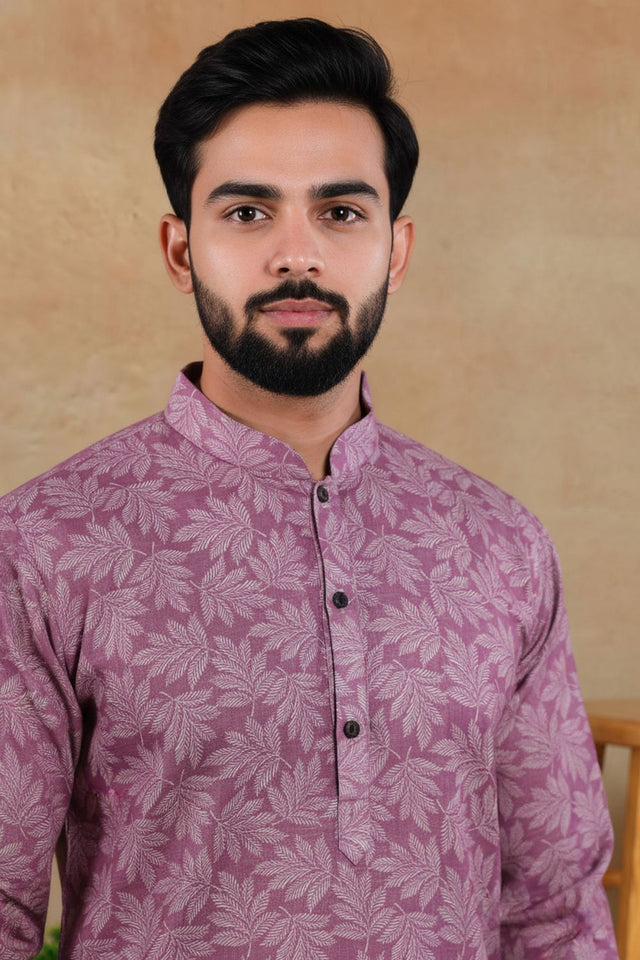 Mens Purple Digital Printed Linen Kurta Set (ACA9251)