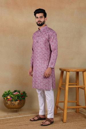 Mens Purple Digital Printed Linen Kurta Set (ACA9251)