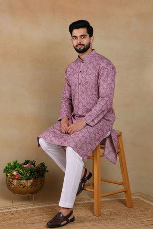 Mens Purple Digital Printed Linen Kurta Set (ACA9251)