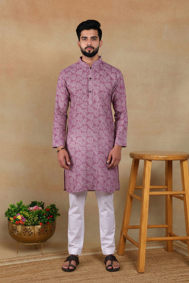 Mens Purple Digital Printed Linen Kurta Set (ACA9251)