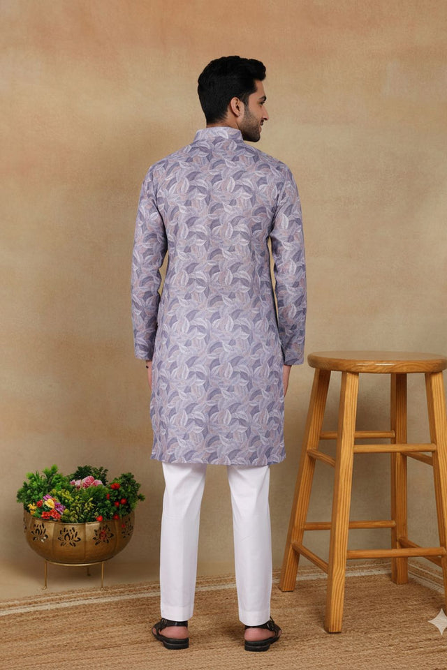 Mens Violet Digital Printed Linen Kurta Set (ACA9252)