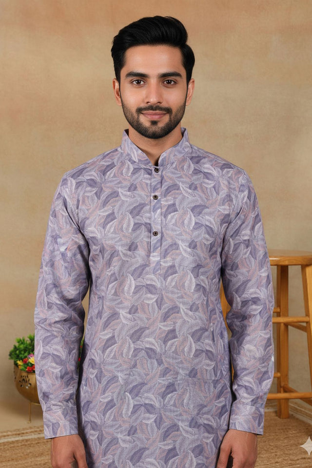 Mens Violet Digital Printed Linen Kurta Set (ACA9252)