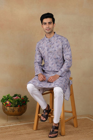 Mens Violet Digital Printed Linen Kurta Set (ACA9252)