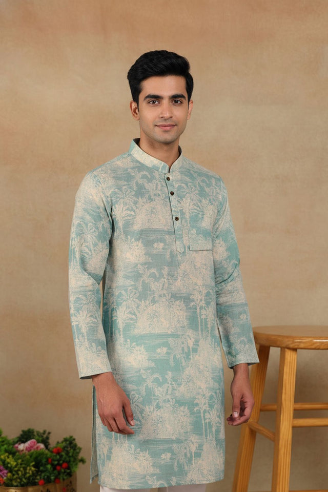 Mens Green Digital Printed Linen Kurta Set (ACA9253)
