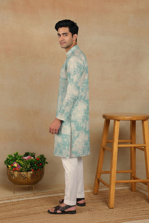 Mens Green Digital Printed Linen Kurta Set (ACA9253)