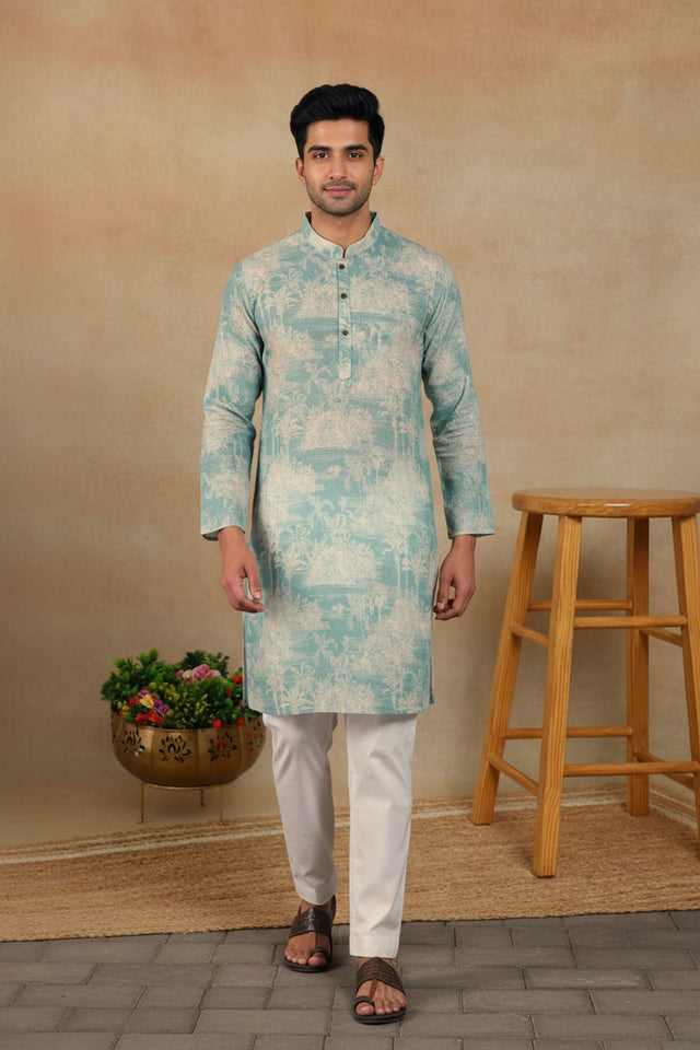 Mens Green Digital Printed Linen Kurta Set (ACA9253)