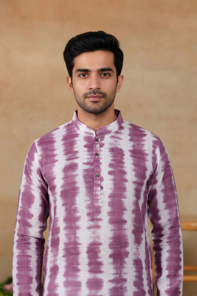 Mens Wine Digital Printed Linen Kurta Set (ACA9254)