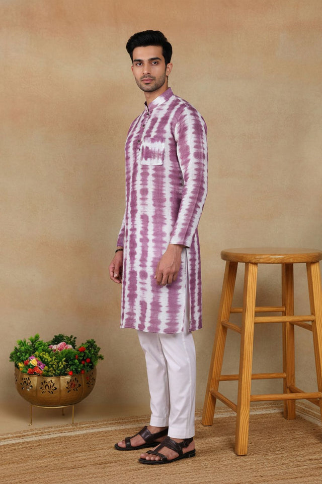 Mens Wine Digital Printed Linen Kurta Set (ACA9254)
