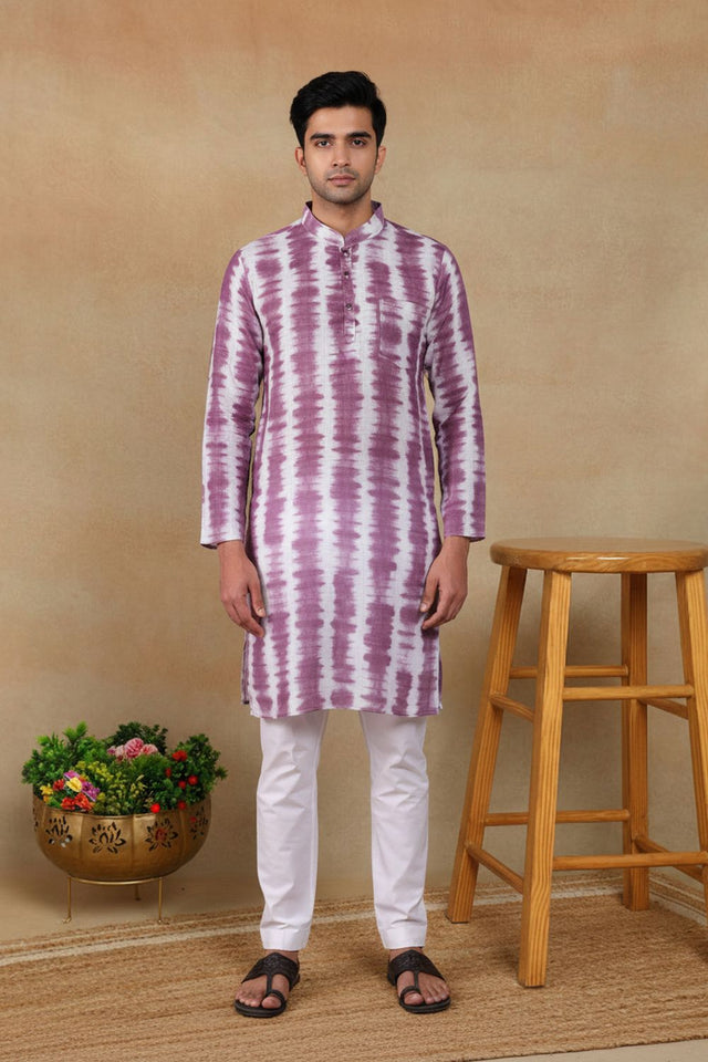 Mens Wine Digital Printed Linen Kurta Set (ACA9254)