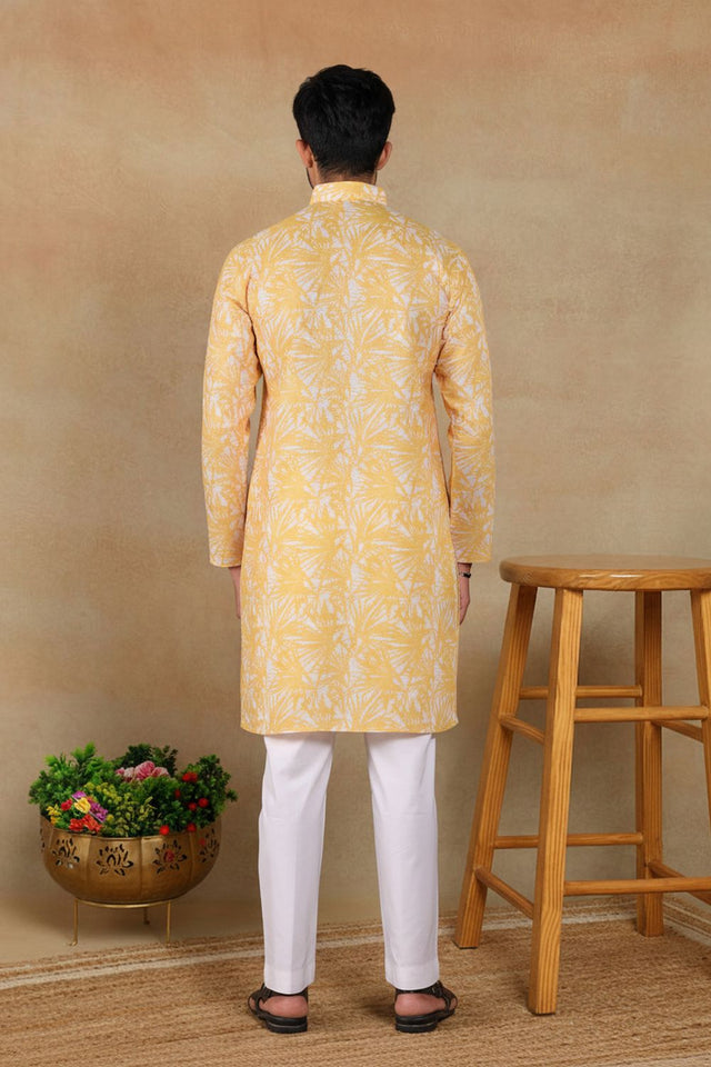 Mens Mustard Digital Printed Linen Kurta Set (ACA9255)