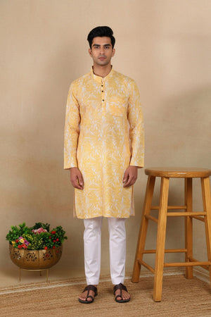 Mens Mustard Digital Printed Linen Kurta Set (ACA9255)
