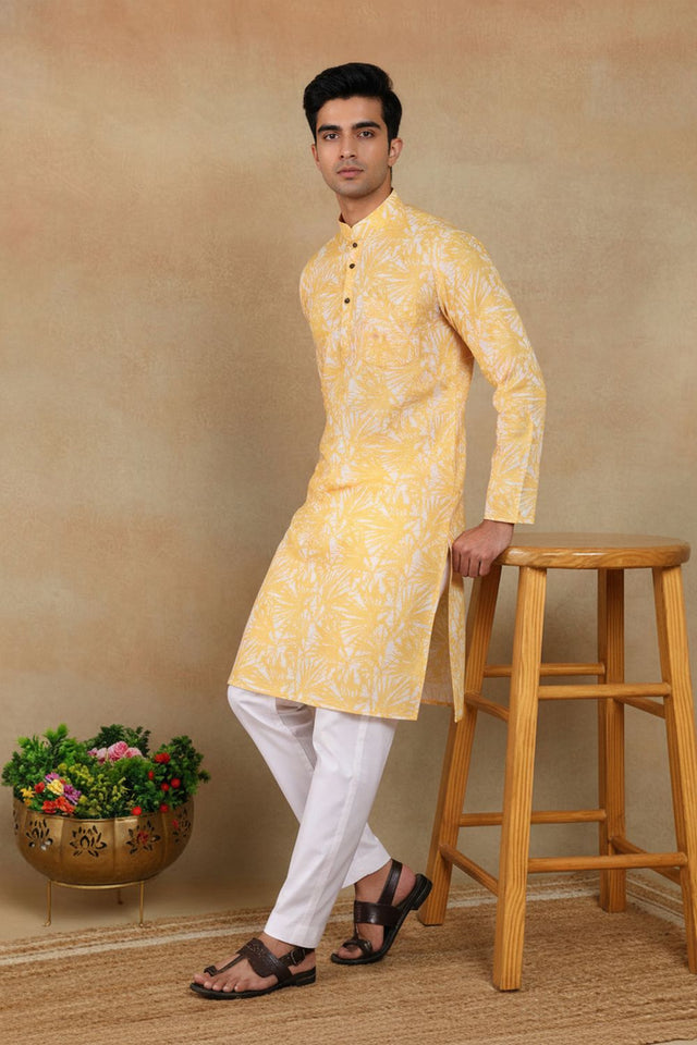 Mens Mustard Digital Printed Linen Kurta Set (ACA9255)