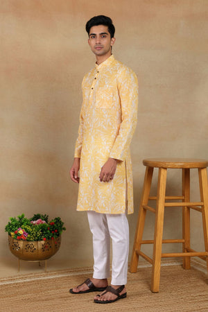Mens Mustard Digital Printed Linen Kurta Set (ACA9255)