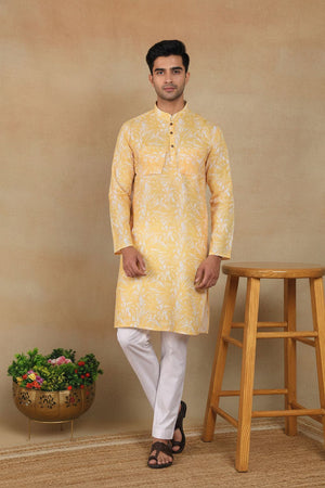 Mens Mustard Digital Printed Linen Kurta Set (ACA9255)