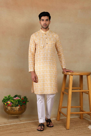 Mens Yellow Digital Printed Linen Kurta Set (ACA9256)