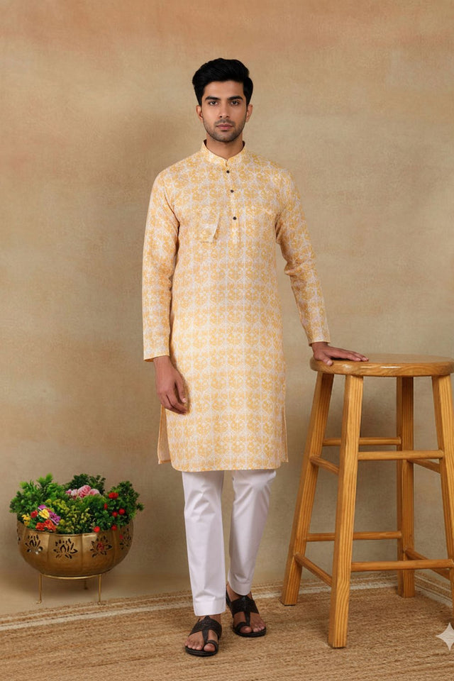 Mens Yellow Digital Printed Linen Kurta Set (ACA9256)