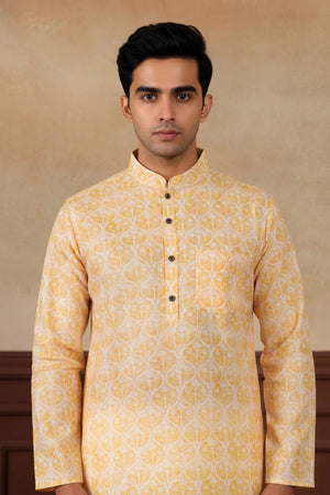 Mens Yellow Digital Printed Linen Kurta Set (ACA9256)