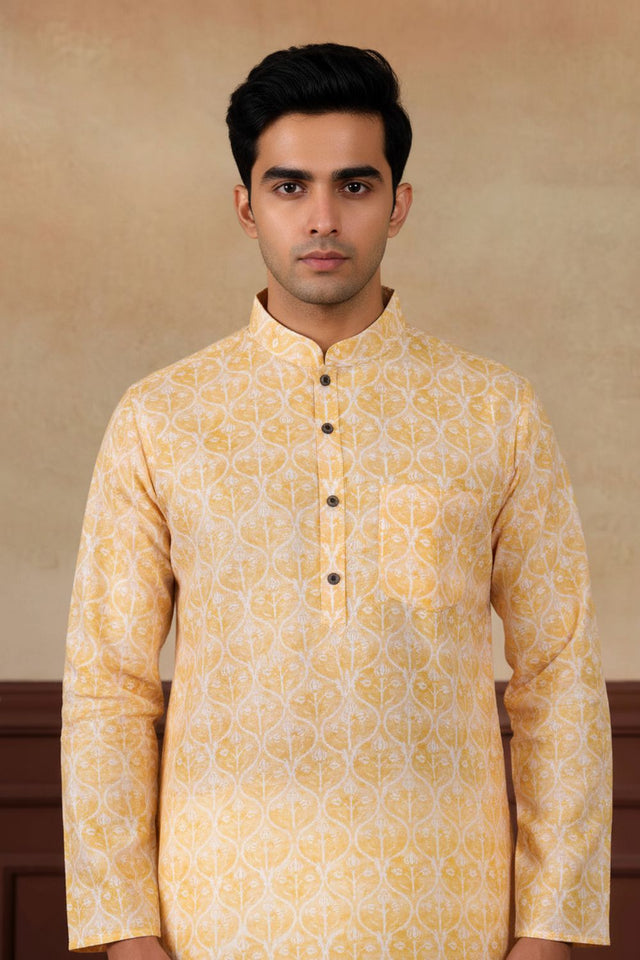 Mens Yellow Digital Printed Linen Kurta Set (ACA9256)