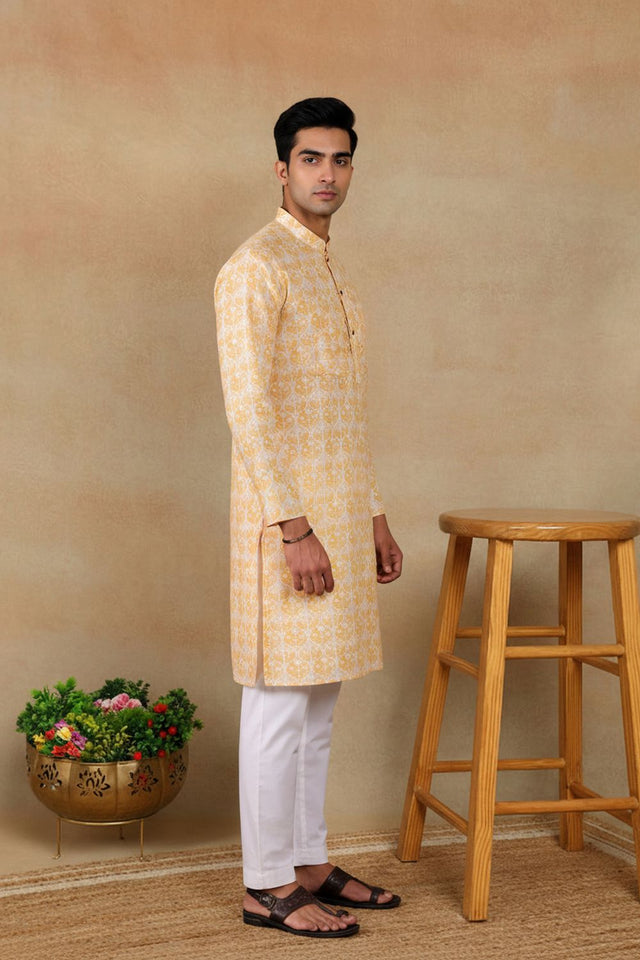 Mens Yellow Digital Printed Linen Kurta Set (ACA9256)
