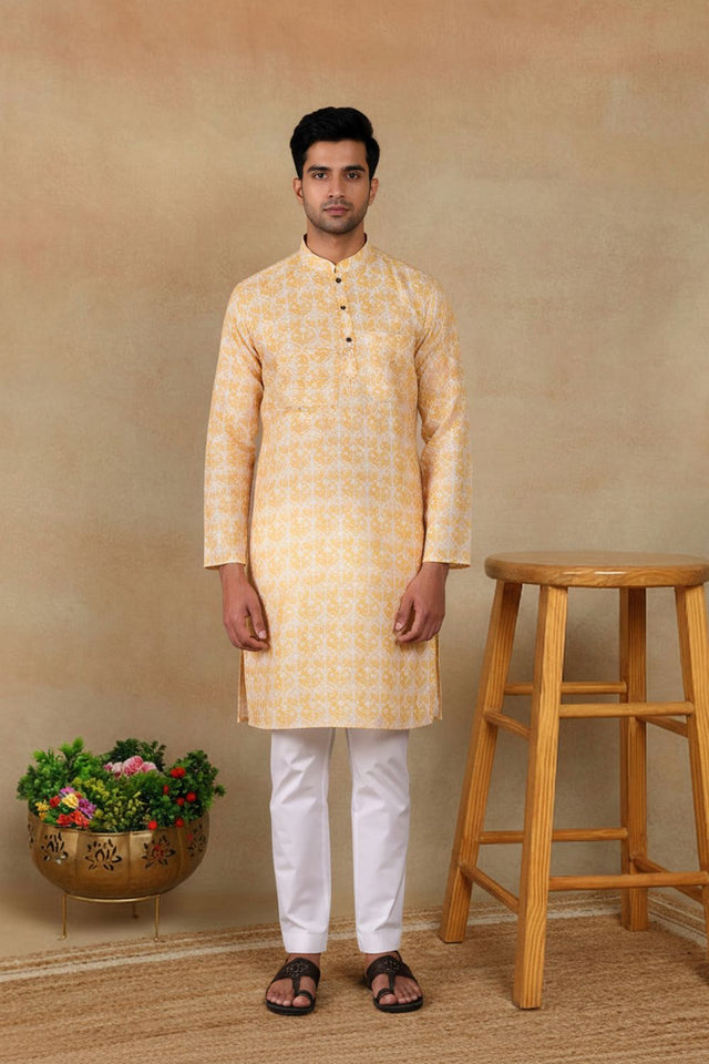 Mens Yellow Digital Printed Linen Kurta Set (ACA9256)