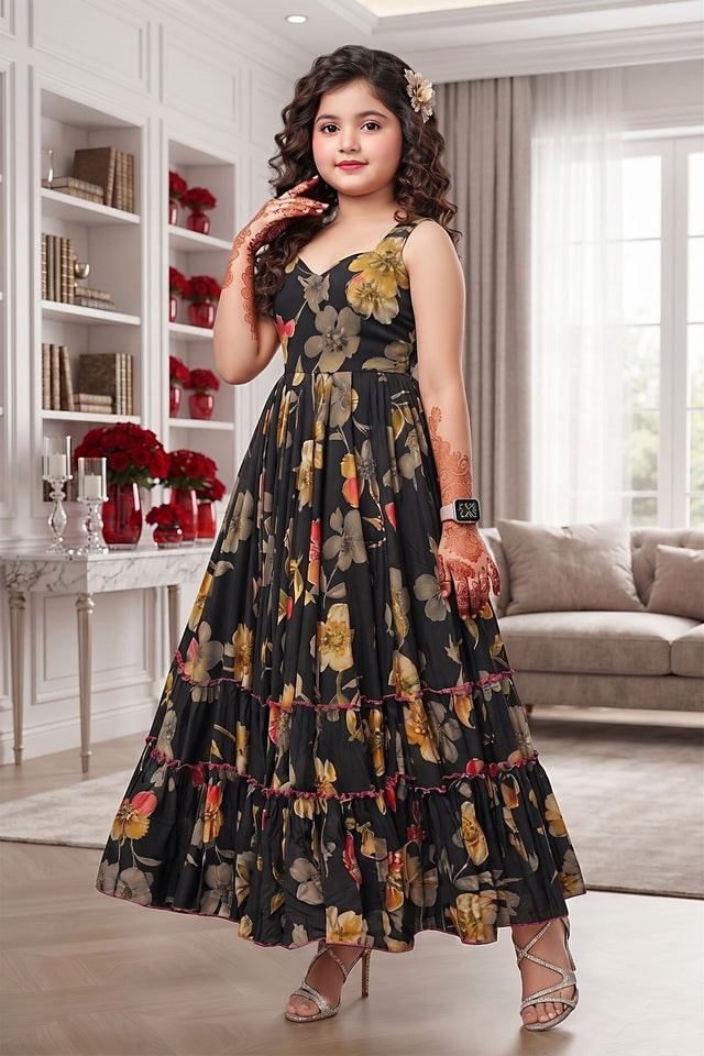 Girls Black Floral Printed Rayon Dress (ACA9257)