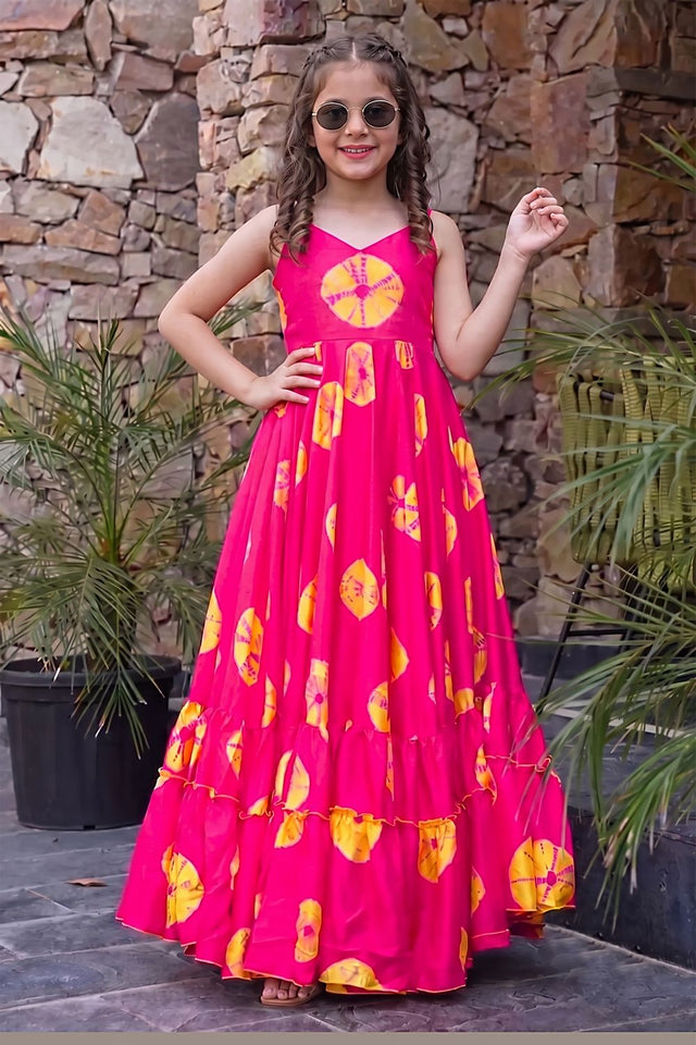 Girls Pink Floral Printed Rayon Dress (ACA9258)