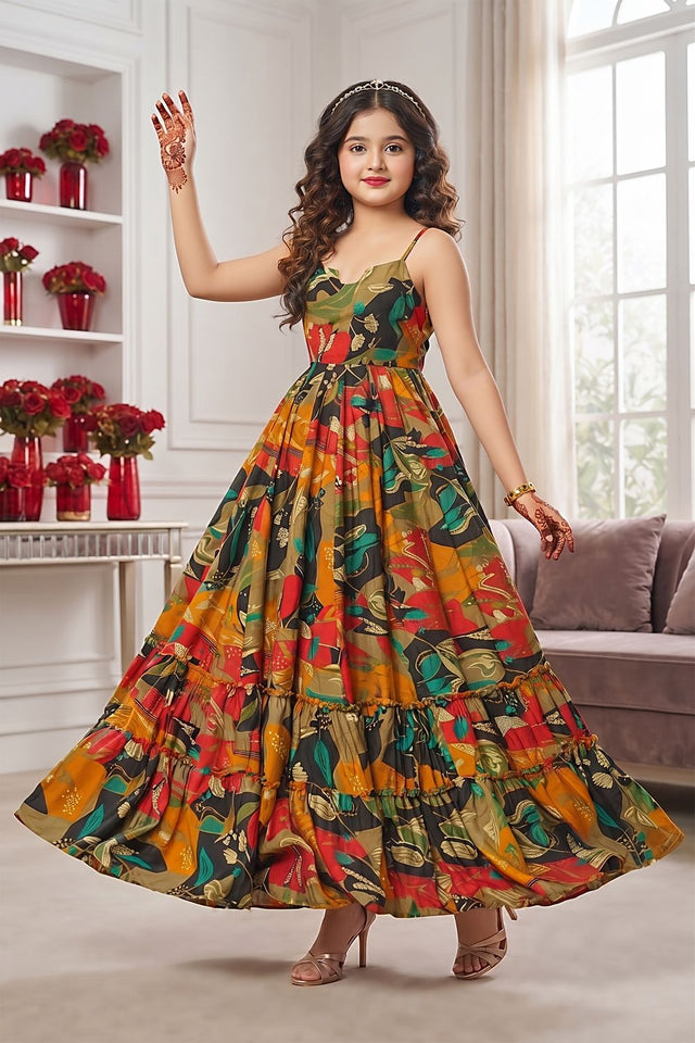 Girls Multi Color Floral Printed Rayon Dress (ACA9259)