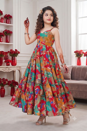Girls Multi Color Floral Printed Rayon Dress (ACA9260)