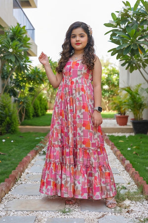 Girls Pink Floral Printed Rayon Dress (ACA9261)