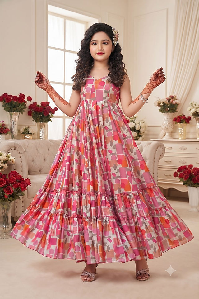 Girls Pink Floral Printed Rayon Dress (ACA9261)