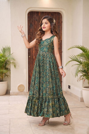 Girls Green Floral Printed Rayon Dress (ACA9263)