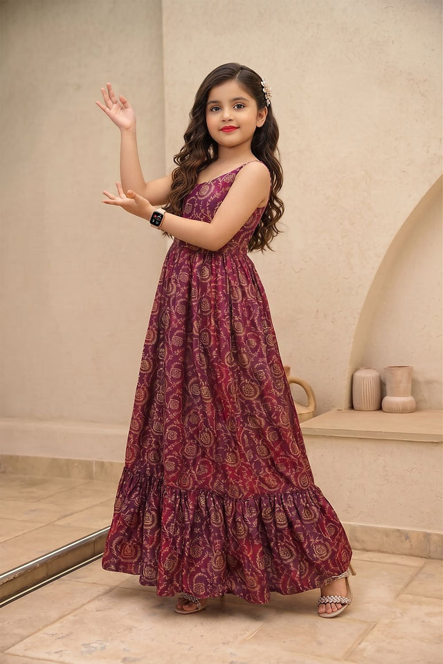 Girls Purple Floral Printed Rayon Dress (ACA9264)