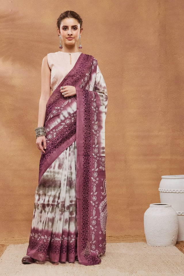 Wine Printed Silk Blend Ready to Wear Saree (ACA9266)