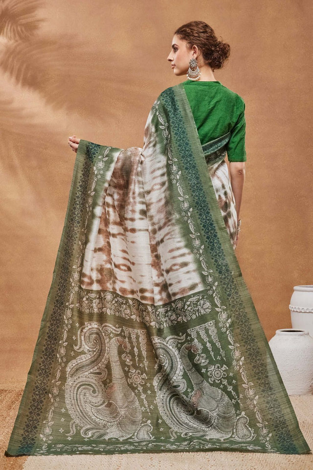 Green Printed Silk Blend Ready to Wear Saree (ACA9267)