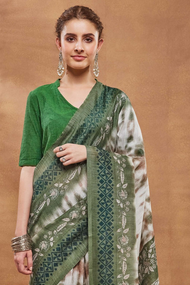Green Printed Silk Blend Ready to Wear Saree (ACA9267)