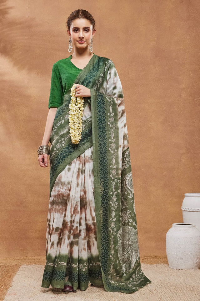 Green Printed Silk Blend Ready to Wear Saree (ACA9267)