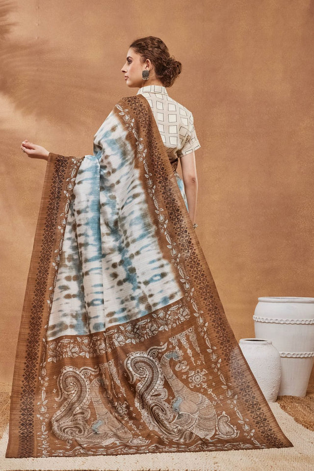 Brown Printed Silk Blend Ready to Wear Saree (ACA9268)
