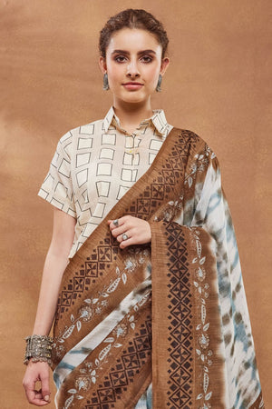Brown Printed Silk Blend Ready to Wear Saree (ACA9268)