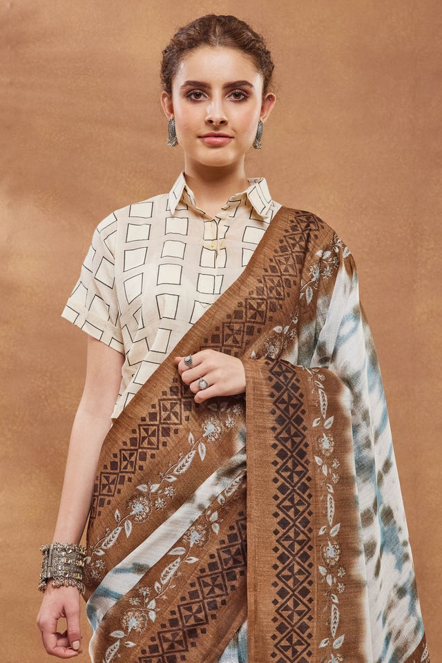 Brown Printed Silk Blend Ready to Wear Saree (ACA9268)