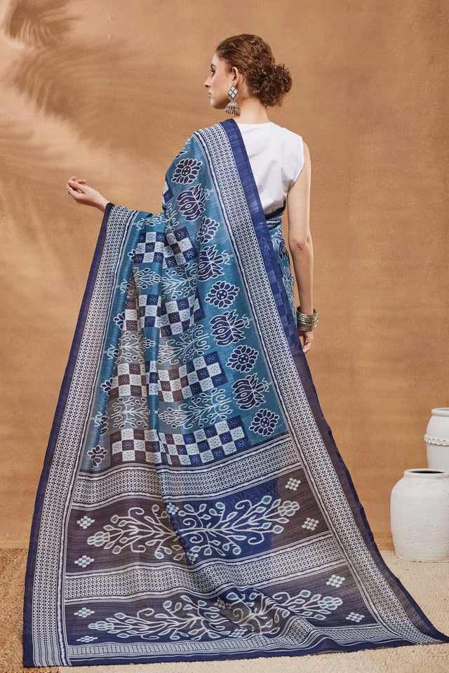 Blue Printed Silk Blend Ready to Wear Saree (ACA9270)