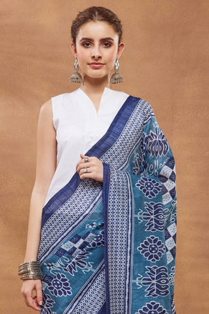 Blue Printed Silk Blend Ready to Wear Saree (ACA9270)