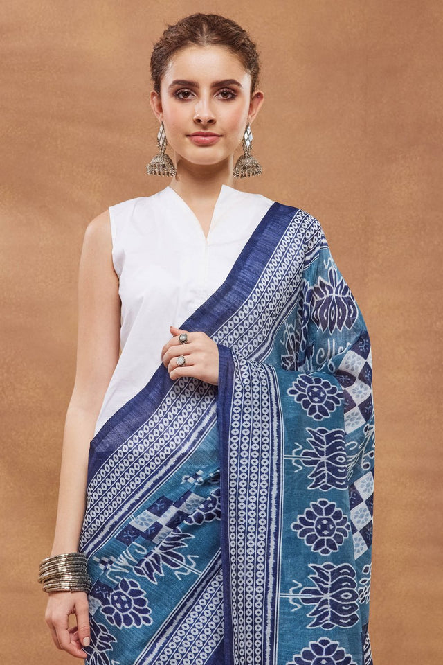 Blue Printed Silk Blend Ready to Wear Saree (ACA9270)