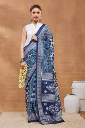 Blue Printed Silk Blend Ready to Wear Saree (ACA9270)