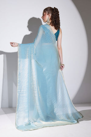 Blue Solid with Lace Border Tissue Ready to Wear Saree (ACA9272)