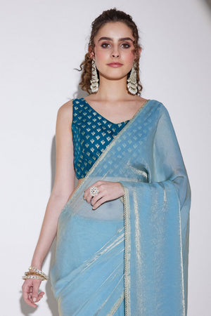 Blue Solid with Lace Border Tissue Ready to Wear Saree (ACA9272)