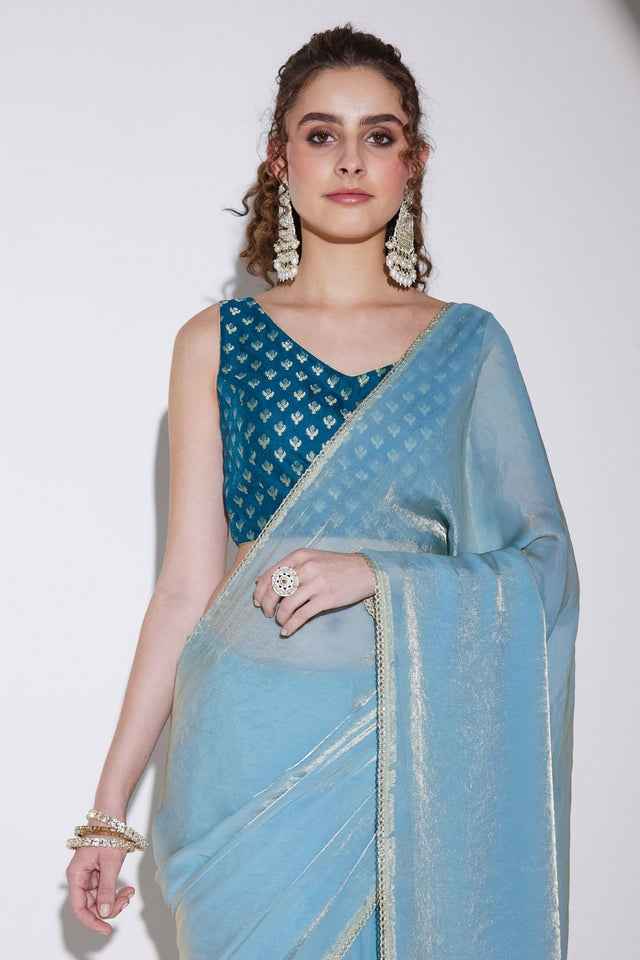 Blue Solid with Lace Border Tissue Ready to Wear Saree (ACA9272)